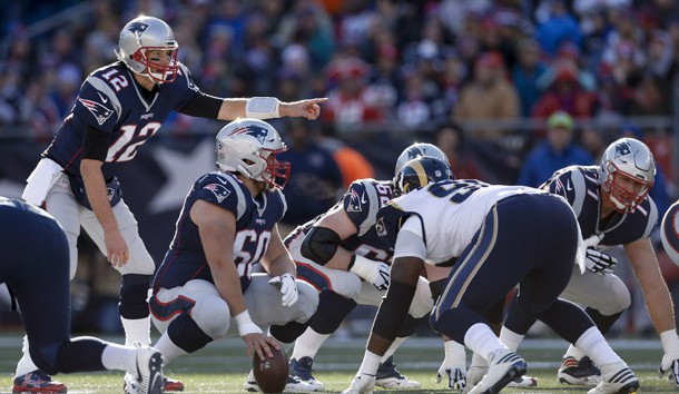 Dec 4, 2016; Foxborough, MA, USA; New England Patriots quarterback Tom Brady (12) gestures at the line of scrimmage during the first quarter against the Los Angeles Rams at Gillette Stadium. Photo Credit: Greg M. Cooper-USA TODAY Sports