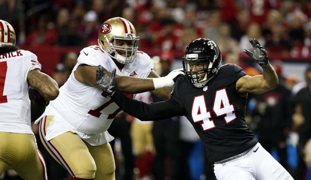 Dec 18, 2016; Atlanta, GA, USA; Atlanta Falcons outside linebacker Vic Beasley (44) goes against San Francisco 49ers offensive tackle Trent Brown (77) in the first quarter of their game at the Georgia Dome. The Falcons won 41-13. Photo Credit: Jason Getz-USA TODAY Sports