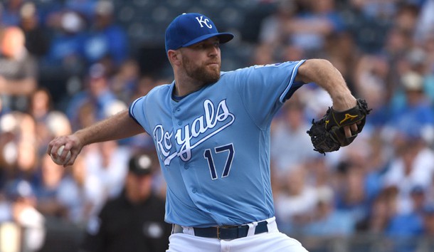 Oct 2, 2016; Kansas City, MO, USA; Kansas City Royals relief pitcher Wade Davis (17) delivers a pitch against the Cleveland Indians in the ninth inning at Kauffman Stadium.The Indians won 3-2. Photo Credit: John Rieger-USA TODAY Sports