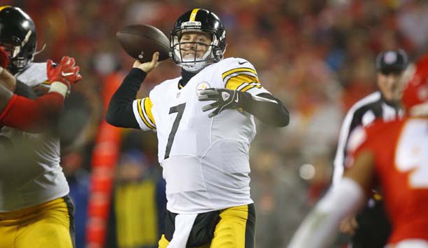 Jan 15, 2017; Kansas City, MO, USA; Pittsburgh Steelers quarterback Ben Roethlisberger (7) looks to pass during the second quarter against the Kansas City Chiefs in the AFC Divisional playoff game at Arrowhead Stadium. Photo Credit: Jay Biggerstaff-USA TODAY Sports