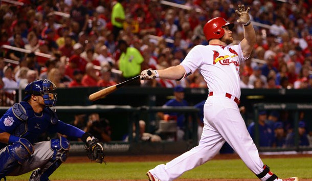 Sep 13, 2016; St. Louis, MO, USA; St. Louis Cardinals left fielder Brandon Moss (37) hits a two run home run off of Chicago Cubs starting pitcher Jason Hammel (not pictured) during the sixth inning at Busch Stadium. Photo Credit: Jeff Curry-USA TODAY Sports