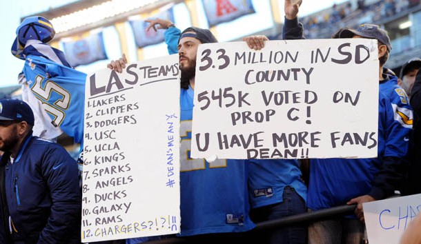 Jan 1, 2017; San Diego, CA, USA; San Diego Chargers fans hold up signs referencing the possible move to Los Angeles by the team during the second half of the game against the Kansas City Chiefs at Qualcomm Stadium. The Chiefs won 37-27. Photo Credit: Orlando Ramirez-USA TODAY Sports
