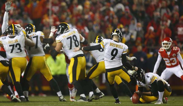 Jan 15, 2017; Kansas City, MO, USA; Pittsburgh Steelers kicker Chris Boswell (9) kicks during the second quarter against the Kansas City Chiefs in the AFC Divisional playoff game at Arrowhead Stadium. Photo Credit: Jay Biggerstaff-USA TODAY Sports