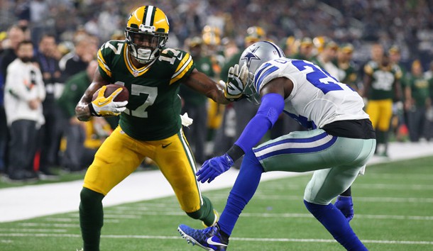 Jan 15, 2017; Arlington, TX, USA; Green Bay Packers receiver Davante Adams (17) runs after a catch against Dallas Cowboys cornerback Morris Claiborne (24) in the NFC Divisional playoff game at AT&T Stadium. Photo Credit: Matthew Emmons-USA TODAY Sports