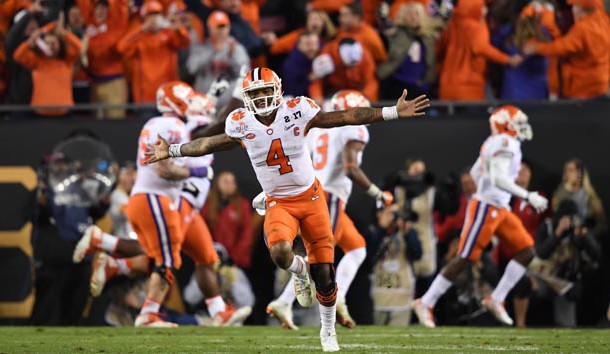 Jan 9, 2017; Tampa, FL, USA; Clemson Tigers quarterback Deshaun Watson (4) celebrates during the fourth quarter against the Alabama Crimson Tide in the 2017 College Football Playoff National Championship Game at Raymond James Stadium. Photo Credit: John David Mercer-USA TODAY Sports