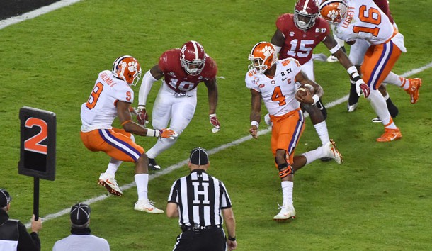 Jan 9, 2017; Tampa, FL, USA;  Clemson Tigers quarterback Deshaun Watson (4) scores a touchdown against the Alabama Crimson Tide in the second quarter in the 2017 College Football Playoff National Championship Game at Raymond James Stadium. Photo Credit: Jasen Vinlove-USA TODAY Sports