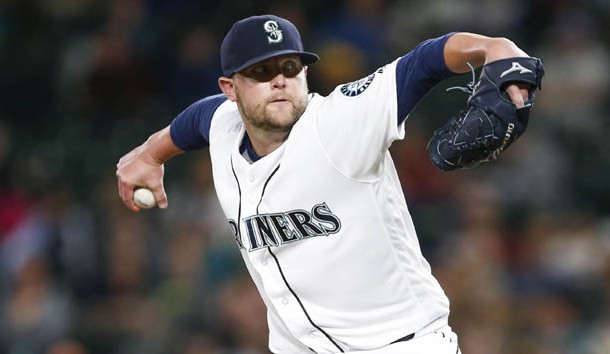 Aug 9, 2016; Seattle, WA, USA; Seattle Mariners relief pitcher Drew Storen (45) throws against the Detroit Tigers during the twelfth inning at Safeco Field. Photo Credit: Joe Nicholson-USA TODAY Sports