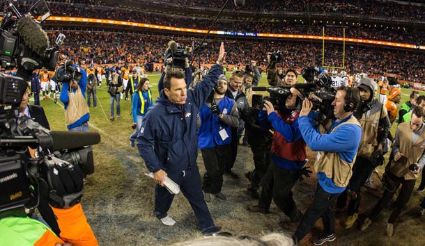 Jan 1, 2017; Denver, CO, USA; Denver Broncos head coach Gary Kubiak waves to the crowd after the game against the Oakland Raiders at Sports Authority Field at Mile High. Photo Credit: Isaiah J. Downing-USA TODAY Sports