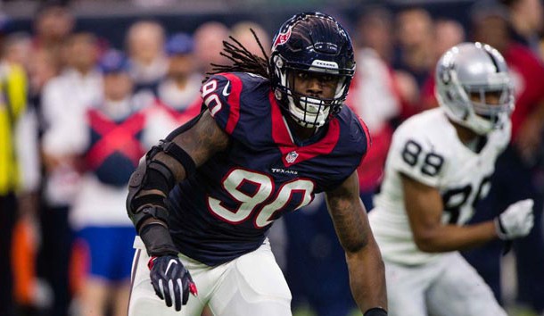 Jan 7, 2017; Houston, TX, USA; Houston Texans defensive end Jadeveon Clowney (90) in action against the Oakland Raiders during the AFC Wild Card playoff football game at NRG Stadium. Photo Credit: Jerome Miron-USA TODAY Sports