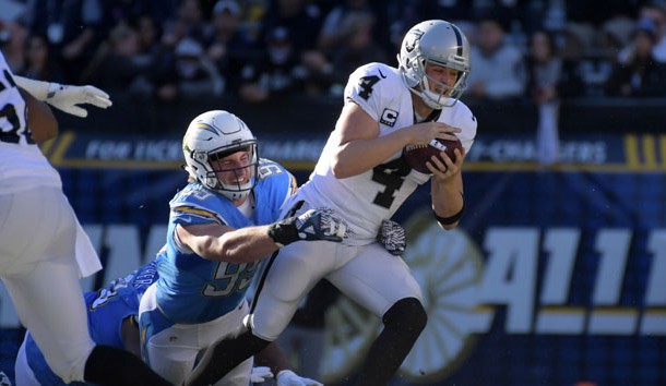 Dec 18, 2016; San Diego, CA, USA; Oakland Raiders quarterback Derek Carr (4) is sacked by San Diego Chargers defensive end Joey Bosa (99) during a NFL football game at Qualcomm Stadium. Photo Credit: Kirby Lee-USA TODAY Sports