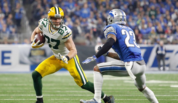 Jan 1, 2017; Detroit, MI, USA; Green Bay Packers wide receiver Jordy Nelson (87) runs after a catch against Detroit Lions cornerback Darius Slay (23) during the fourth quarter at Ford Field. Packers won 31-24. Photo Credit: Raj Mehta-USA TODAY Sports