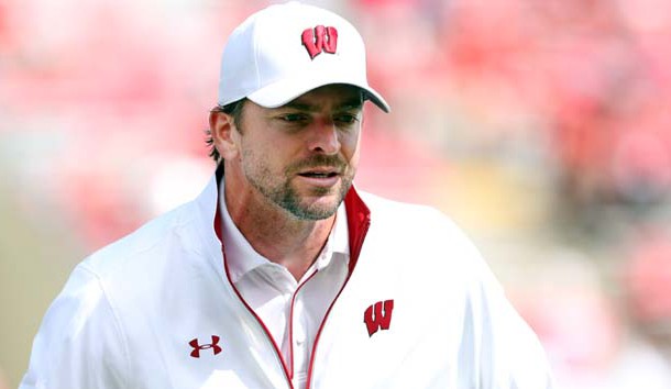 Sep 10, 2016; Madison, WI, USA; Wisconsin Badgers defensive coordinator Justin Wilcox watches his squad practice before the game with the Akron Zips at Camp Randall Stadium. Wisconsin defeated Akron 54-10. Photo Credit: Mary Langenfeld-USA TODAY Sports