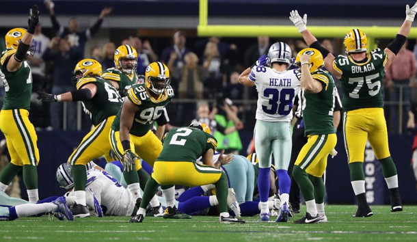 Jan 15, 2017; Arlington, TX, USA; Green Bay Packers kicker Mason Crosby (2) reacts after making the the game winning field goal during the fourth quarter against the Dallas Cowboys in the NFC Divisional playoff game at AT&T Stadium. Photo Credit: Kevin Jairaj-USA TODAY Sports