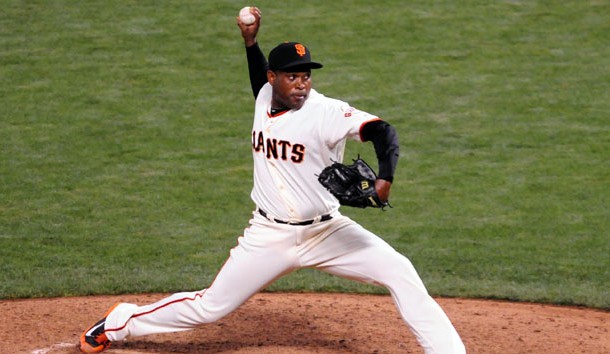 Oct 15, 2014; San Francisco, CA, USA; San Francisco Giants relief pitcher Santiago Casilla (46) pitches during the ninth inning against the St. Louis Cardinals in game four of the 2014 NLCS playoff baseball game at AT&T Park. Photo Credit: Ed Szczepanski-USA TODAY Sports