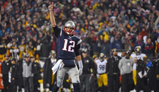 Jan 22, 2017; Foxborough, MA, USA; New England Patriots quarterback Tom Brady (12) celebrates after a touchdown during the third quarter against the Pittsburgh Steelers in the 2017 AFC Championship Game at Gillette Stadium. Photo Credit: James Lang-USA TODAY Sports