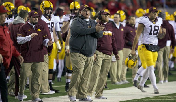 Nov 12, 2016; Lincoln, NE, USA;  Minnesota Golden Gophers head coach Tracy Claeys watches during the game against the Nebraska Cornhuskers in the first half at Memorial Stadium. Mandatory Credit: Bruce Thorson-USA TODAY Sports