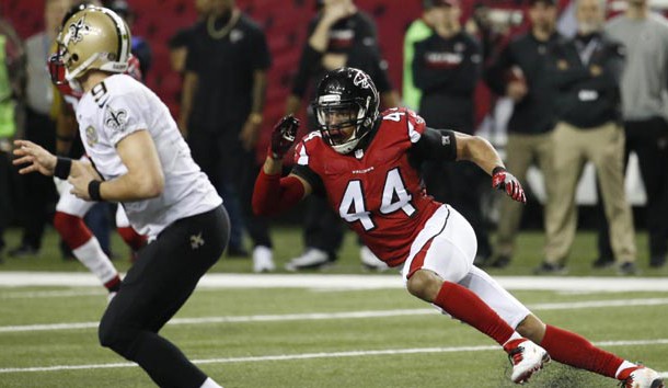 Jan 1, 2017; Atlanta, GA, USA; Atlanta Falcons outside linebacker Vic Beasley (44) applies pressure to New Orleans Saints quarterback Drew Brees (9) in the fourth quarter of their game at the Georgia Dome. The Falcons won 38-32. Photo Credit: Jason Getz-USA TODAY Sports