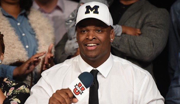 Feb 1, 2017; Leesburg, GA, USA; Lee County High School defensive tackle Aubrey Solomon commits to the Michigan Wolverines during National Signing Day. Photo Credit: Adam Hagy-USA TODAY Sports