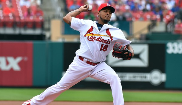 Apr 20, 2016; St. Louis, MO, USA; St. Louis Cardinals starting pitcher Carlos Martinez (18) pitches in the first inning against the Chicago Cubs at Busch Stadium. Photo Credit: Jasen Vinlove-USA TODAY Sports