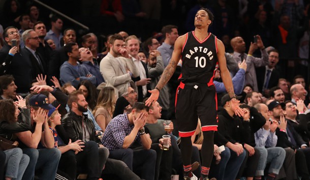 Feb 27, 2017; New York, NY, USA;  Toronto Raptors guard DeMar DeRozan (10) celebrates the game winning basket during the fourth quarter against the New York Knicks at Madison Square Garden. Toronto won 92-91. Photo Credit: Anthony Gruppuso-USA TODAY Sports