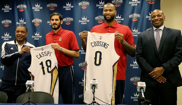 Feb 22, 2017;  Metairie, LA, USA; Omri Casspi (18) and DeMarcus Cousins (0) were introduced by the New Orleans Pelicans at a press conference at the New Orleans Pelicans Practice Facility by head coach Alvin Gentry, left, and general manager Dell Demps, right. They came to the Pelicans in a trade from the Sacramento Kings. Photo Credit: Chuck Cook-USA TODAY Sports