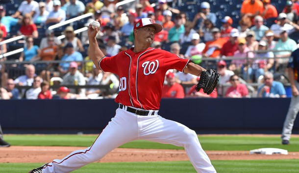 Feb 28, 2017; West Palm Beach, FL, USA; Washington Nationals starting pitcher Jeremy Guthrie (80) delivers a pitch in the game against the Houston Astros at The Ballpark of the Palm Beaches. Photo Credit: Jasen Vinlove-USA TODAY Sports