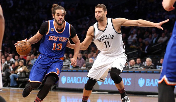 Feb 1, 2017; Brooklyn, NY, USA; New York Knicks center Joakim Noah (13) drives against Brooklyn Nets center Brook Lopez (11) during the first quarter at Barclays Center. Photo Credit: Brad Penner-USA TODAY Sports