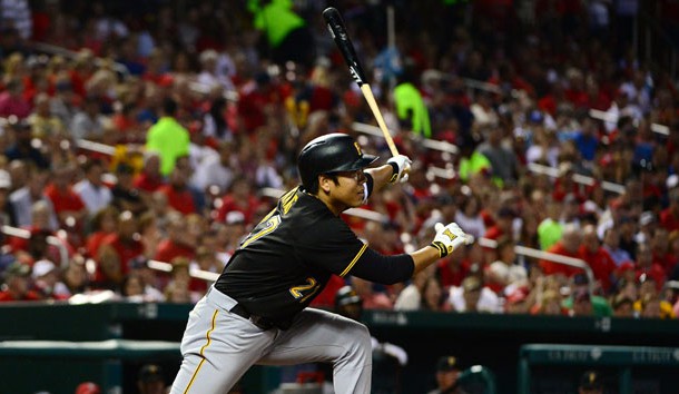 Jul 6, 2016; St. Louis, MO, USA; Pittsburgh Pirates third baseman Jung Ho Kang (27) hits a two run double off of St. Louis Cardinals relief pitcher Jonathan Broxton (not pictured) during the seventh inning at Busch Stadium. Photo Credit: Jeff Curry-USA TODAY Sports