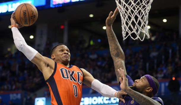 Feb 26, 2017; Oklahoma City, OK, USA; Oklahoma City Thunder guard Russell Westbrook (0) is fouled by New Orleans Pelicans forward DeMarcus Cousins (0) on a dunk during the fourth quarter at Chesapeake Energy Arena. Photo Credit: Mark D. Smith-USA TODAY Sports