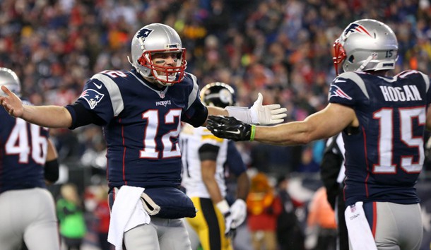 Jan 22, 2017; Foxborough, MA, USA; New England Patriots quarterback Tom Brady (12) and Patriots wide receiver Chris Hogan (15) celebrate after connecting on a touchdown pass against the Pittsburgh Steelers in the 2017 AFC Championship Game at Gillette Stadium. Photo Credit: Geoff Burke-USA TODAY Sports