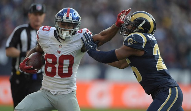 Oct 23, 2016; London, United Kingdom; New York Giants receiver Victor Cruz (80) is defended by Los Angeles Rams strong safety T.J. McDonald (25) on a 25-yard reception during game 16 of the NFL International Series at Twickenham Stadium. Photo Credit: Kirby Lee-USA TODAY Sports