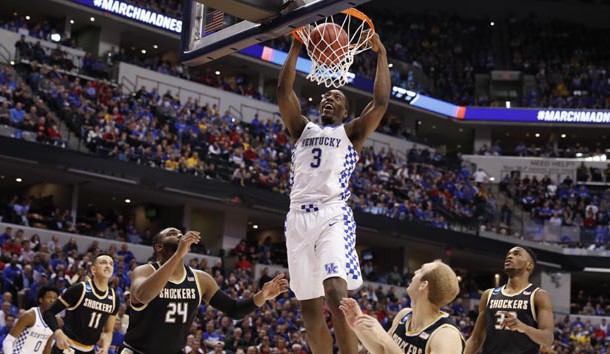 Mar 19, 2017; Indianapolis, IN, USA; Kentucky Wildcats forward Edrice Adebayo (3) dunks against the Wichita State Shockers during the second half in the second round of the 2017 NCAA Tournament at Bankers Life Fieldhouse. Photo Credit: Brian Spurlock-USA TODAY Sports