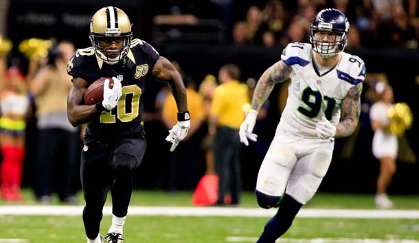 Oct 30, 2016; New Orleans, LA, USA; New Orleans Saints wide receiver Brandin Cooks (10) runs past Seattle Seahawks defensive end Cassius Marsh (91) during the fourth quarter of a game at the Mercedes-Benz Superdome. The Saints defeated the Seahawks 25-20. Photo Credit: Derick E. Hingle-USA TODAY Sports