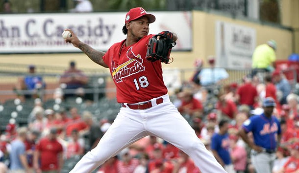 Mar 1, 2017; Jupiter, FL, USA; St. Louis Cardinals starting pitcher Carlos Martinez (18) delivers a pitch against the New York Mets during a spring training game at Roger Dean Stadium. Photo Credit: Steve Mitchell-USA TODAY Sports
