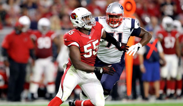 Sep 11, 2016; Glendale, AZ, USA; Arizona Cardinals linebacker Chandler Jones (55) against New England Patriots offensive lineman Cameron Fleming (71) at University of Phoenix Stadium. The Patriots defeated the Cardinals 23-21. Photo Credit: Mark J. Rebilas-USA TODAY Sports