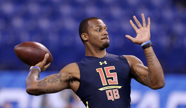 Mar 4, 2017; Indianapolis, IN, USA; Clemson Tigers quarterback Deshaun Watson throws a pass during the 2017 NFL Combine at Lucas Oil Stadium. Photo Credit: Brian Spurlock-USA TODAY Sports