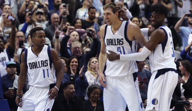 Mar 7, 2017; Dallas, TX, USA; Dallas Mavericks forward Dirk Nowitzki (41) celebrates with guard Yogi Ferrell (11) and forward Nerlens Noel (3) after scoring his 30,000th point during the second quarter against the Los Angeles Lakers at American Airlines Center. Photo Credit: Kevin Jairaj-USA TODAY Sports