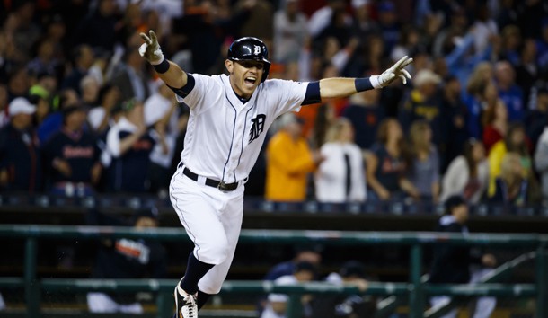 Jun 7, 2016; Detroit, MI, USA; Detroit Tigers second baseman Ian Kinsler (3) celebrates after hitting a game winning RBI single in the 10th inning against the Toronto Blue Jays at Comerica Park. Detroit won 3-2 in ten innings. Photo Credit: Rick Osentoski-USA TODAY Sports