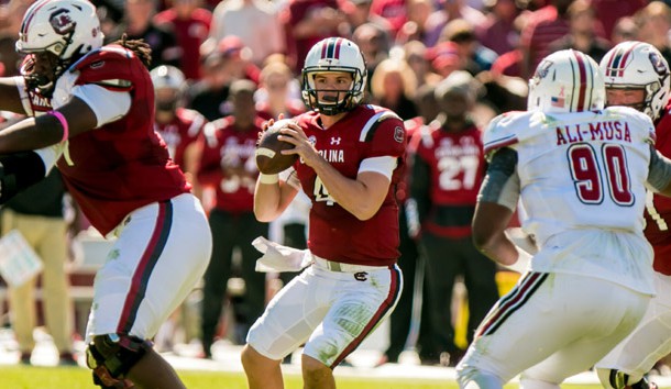 Oct 22, 2016; Columbia, SC, USA; South Carolina Gamecocks quarterback Jake Bentley (4) looks to pass against the Massachusetts Minutemen in the second quarter at Williams-Brice Stadium. Photo Credit: Jeff Blake-USA TODAY Sports