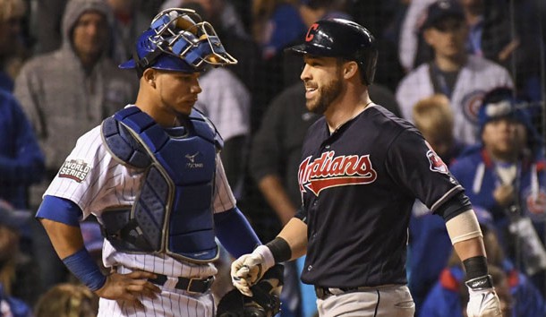 Oct 29, 2016; Chicago, IL, USA; Cleveland Indians second baseman Jason Kipnis (right) celebrates after hitting a three-run home run against Chicago Cubs catcher Willson Contreras (left) during the seventh inning in game four of the 2016 World Series at Wrigley Field. Photo Credit: Tommy Gilligan-USA TODAY Sports