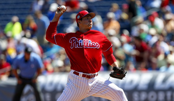 Mar 9, 2017; Clearwater, FL, USA; Philadelphia Phillies starting pitcher Jerad Eickhoff (48) throws a pitch in the first inning of a baseball game against the Toronto Blue Jays during spring training at Bright House Field. Photo Credit: Butch Dill-USA TODAY Sports