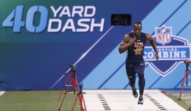 Mar 4, 2017; Indianapolis, IN, USA; Washington Huskies wide receiver John Ross runs the 40 yard dash during the 2017 NFL Combine at Lucas Oil Stadium. Photo Credit: Brian Spurlock-USA TODAY Sports