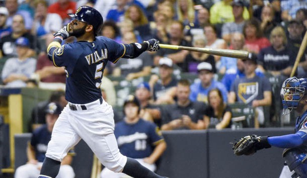 Sep 7, 2016; Milwaukee, WI, USA; Milwaukee Brewers third baseman Jonathan Villar (5) hits a solo home run in the eighth inning during the game against the Chicago Cubs at Miller Park. The Brewers won 2-1. Photo Credit: Benny Sieu-USA TODAY Sports