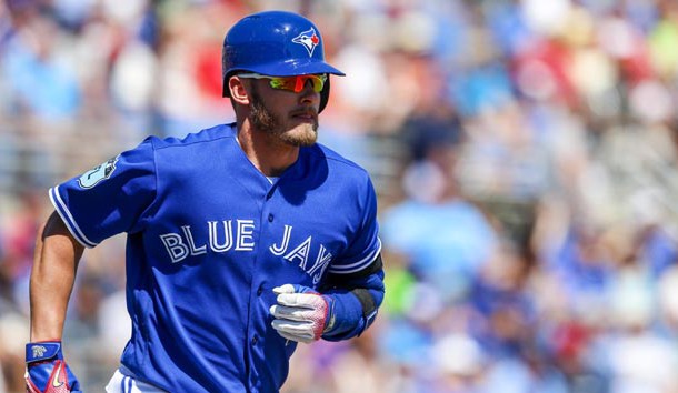 Mar 20, 2017; Dunedin, FL, USA; Toronto Blue Jays third baseman Josh Donaldson (20) runs to first after a hit in the sixth inning of a baseball game against the Minnesota Twins during spring training at Florida Auto Exchange Stadium. Photo Credit: Butch Dill-USA TODAY Sports