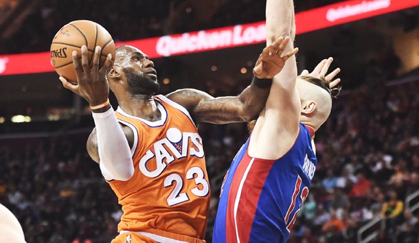 Mar 14, 2017; Cleveland, OH, USA; Cleveland Cavaliers forward LeBron James (23) drives to the basket against Detroit Pistons center Aron Baynes (12) during the second half at Quicken Loans Arena. Photo Credit: Ken Blaze-USA TODAY Sports
