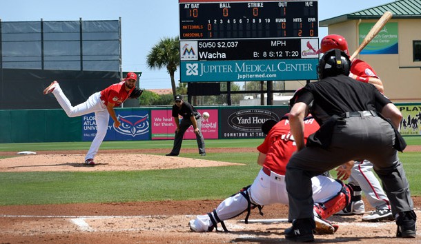 Mar 29, 2017; Jupiter, FL, USA; St. Louis Cardinals starting pitcher Michael Wacha (52) delivers a pitch to Washington Nationals second baseman Stephen Drew (10) during a spring training game at Roger Dean Stadium. Photo Credit: Steve Mitchell-USA TODAY Sports