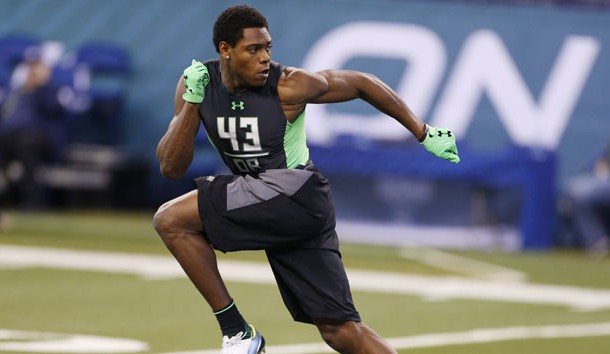 Feb 29, 2016; Indianapolis, IN, USA; Florida State Seminoles defensive back Jalen Ramsey goes through a workout drill during the 2016 NFL Scouting Combine at Lucas Oil Stadium. Photo Credit: Brian Spurlock-USA TODAY Sports