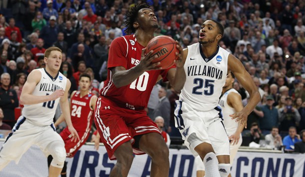 Mar 18, 2017; Buffalo, NY, USA; Wisconsin Badgers forward Nigel Hayes (10) drives to the basket against Villanova Wildcats guard Mikal Bridges (25) in the second half during the second round of the 2017 NCAA Tournament at KeyBank Center. Photo Credit: Timothy T. Ludwig-USA TODAY Sports