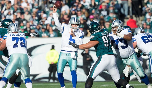 Jan 1, 2017; Philadelphia, PA, USA; Dallas Cowboys quarterback Tony Romo (9) passes the ball against the Philadelphia Eagles during the second quarter at Lincoln Financial Field. Photo Credit: Bill Streicher-USA TODAY Sports