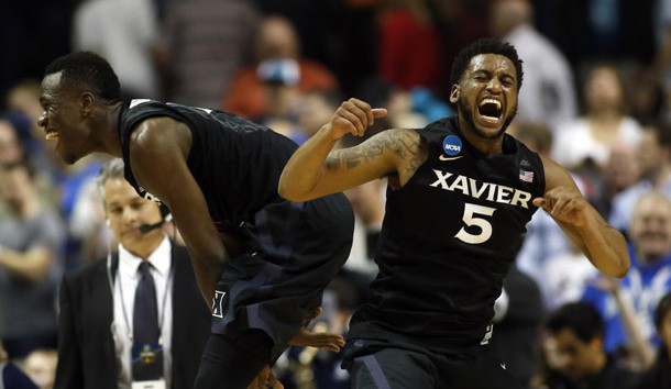 Mar 23, 2017; San Jose, CA, USA; Xavier Musketeers guard Malcolm Bernard (left) and guard Trevon Bluiett (5) celebrate after defeating the Arizona Wildcats during the semifinals of the West Regional of the 2017 NCAA Tournament at SAP Center. Photo Credit: Stan Szeto-USA TODAY Sports